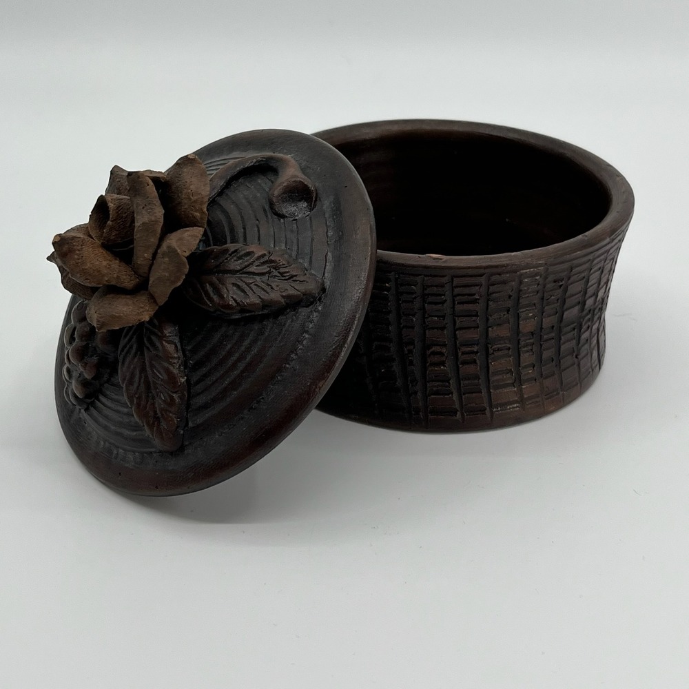 Hand Thrown Studio Pottery Lidded Trinket Box Rose Floral Rustic Cottage 4"